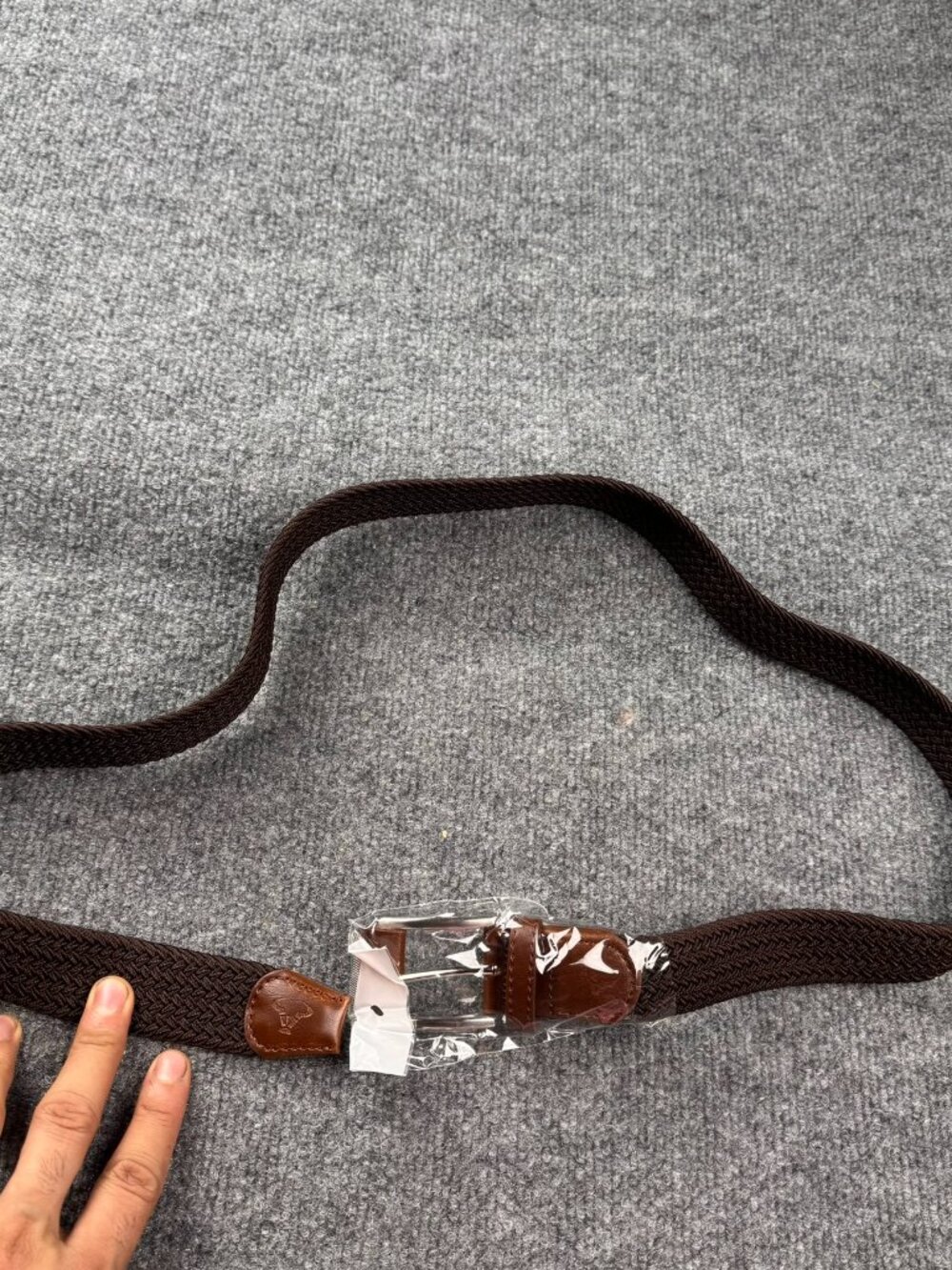 Men Brown Braided Elastic Stretchable Belt Faux Leather Trim Silver Buckle